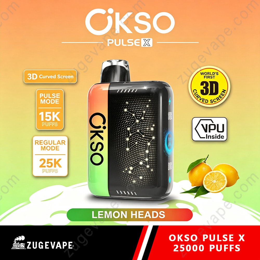 Okso Pulse X 25000 Puffs 3D Curved Screen 25K Vape 16 Okso Pulse X Device With Gradient Orange-Green Background, Lemon Accents, And &Quot;Lemon Heads&Quot; Label; Features 3D Curved Screen, Pulse Mode, Regular Mode, And Puff Counts, With Zue Vape Branding.