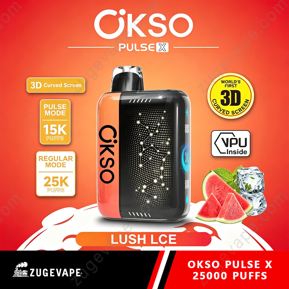 Okso Pulse X 25000 Puffs 3D Curved Screen 25K Vape 15 A Black And Orange Okso Pulse X Device With A Dotted Molecular Design, Set Against A Bright Red Background Featuring Watermelon Slices And Ice, With Text Highlights About 3D Curved Screen And Puff Numbers.