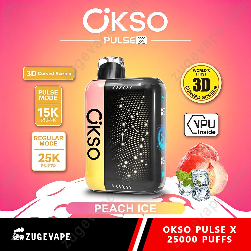 Okso Pulse X 25000 Puffs 3D Curved Screen 25K Vape 14 Peach Ice Okso Pulse X Vape Device With A Curved 3D Screen, Gradient Peach-To-Pink Background, And Logos For 15K And 25K Puff Modes, Featuring Ice Cubes And Fruit Graphics.