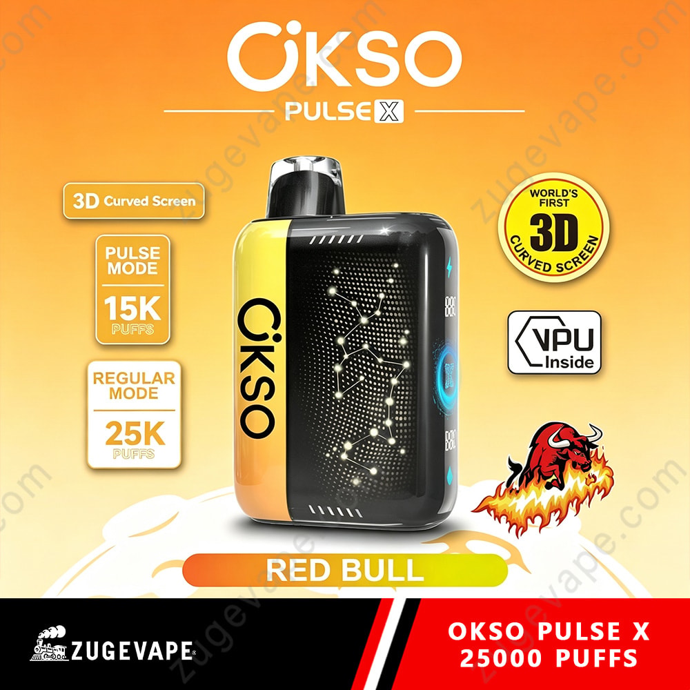 Okso Pulse X 25000 Puffs 3D Curved Screen 25K Vape 13 Okso Okso Pulse X Red Bull Vape Device With Orange-Yellow Gradient And Black Lattice Screen; Shows 3D Curved Screen, Pulse Mode Icons, Vpu Inside Badge, And 25000 Puffs Label.
