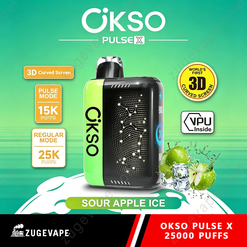 Okso Pulse X 25000 Puffs 3D Curved Screen 25K Vape 12 Okso Pulse X Sour Apple Ice Vape Device With Black And Neon Green Body, 3D Curved Screen, 15K/25K Puff Modes, Vpu Inside Badge, Splash Of Ice And Green Apples, Zuevape Branding.