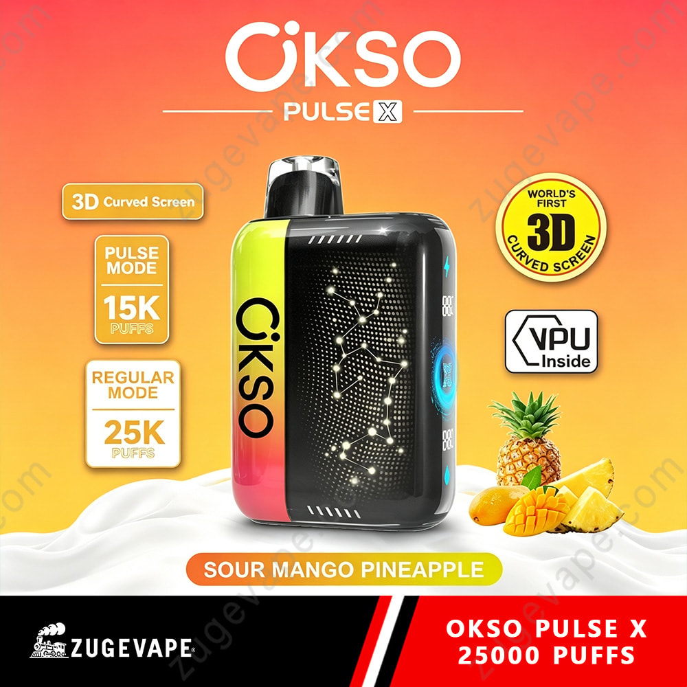 Okso Pulse X 25000 Puffs 3D Curved Screen 25K Vape 11 Okso Pulse X Bottle With Colorful Gradient Sides, A Black Mesh Front, And Fruit Accents (Pineapple And Mango) In A Tropical Background; Includes Yellow Labels For 3D Curved Screen And Puff Count, And Pulse X Branding.
