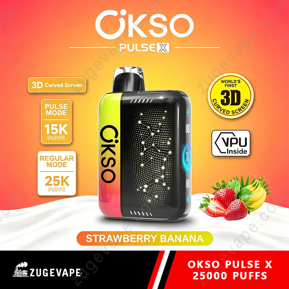 Okso Pulse X 25000 Puffs 3D Curved Screen 25K Vape 10 Okso Pulse X Vape Device With A Black Patterned Panel, Gradient Pink-To-Yellow Body, Set Against An Orange Gradient Background With Strawberries And Fruit. Includes Text Badges About 3D Curved Screen, Pulse Mode, And 25K/15K Puff Options.