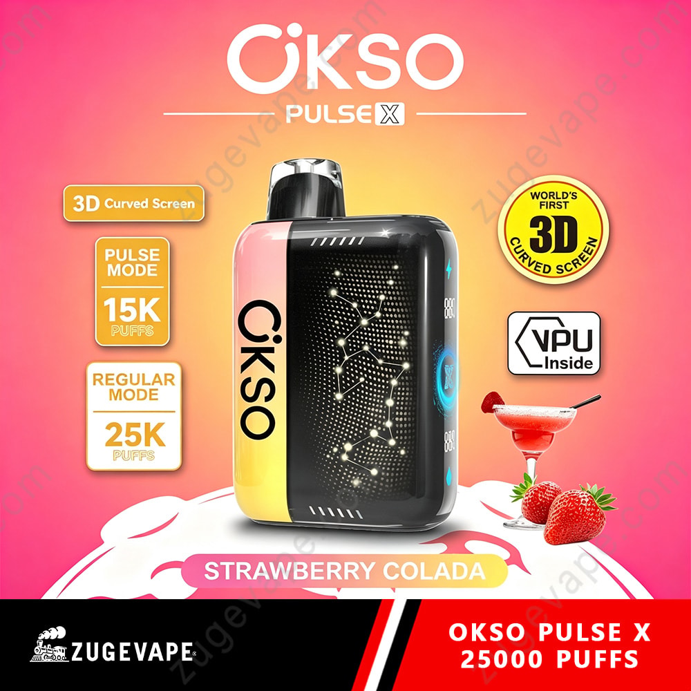 Okso Pulse X 25000 Puffs 3D Curved Screen 25K Vape 9 Okso Pulse X Strawberry Colada Device With 3D Curved Screen, Highlighting 15K/25K Puff Modes And Vpu Inside, Set Against Pink-Orange Gradient Background With A Strawberry Garnish.