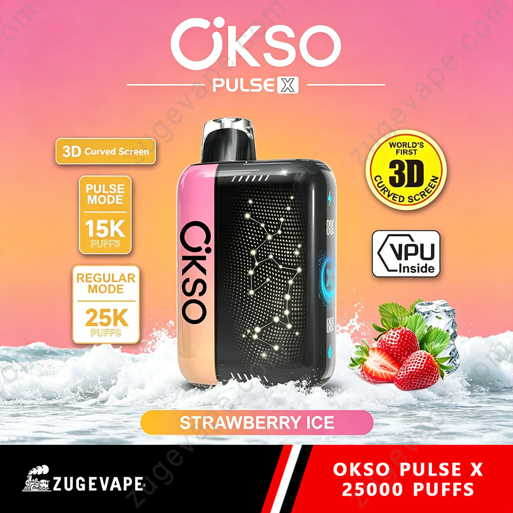 Okso Pulse X 25000 Puffs 3D Curved Screen 25K Vape 8 Okso Pulse X Strawberry Ice Vape Device With Pink-To-Black Gradient And Ice/Surf Background, Featuring 3D Curved Screen, Claims 15K/25K Puffs, And Strawberries With Mint.