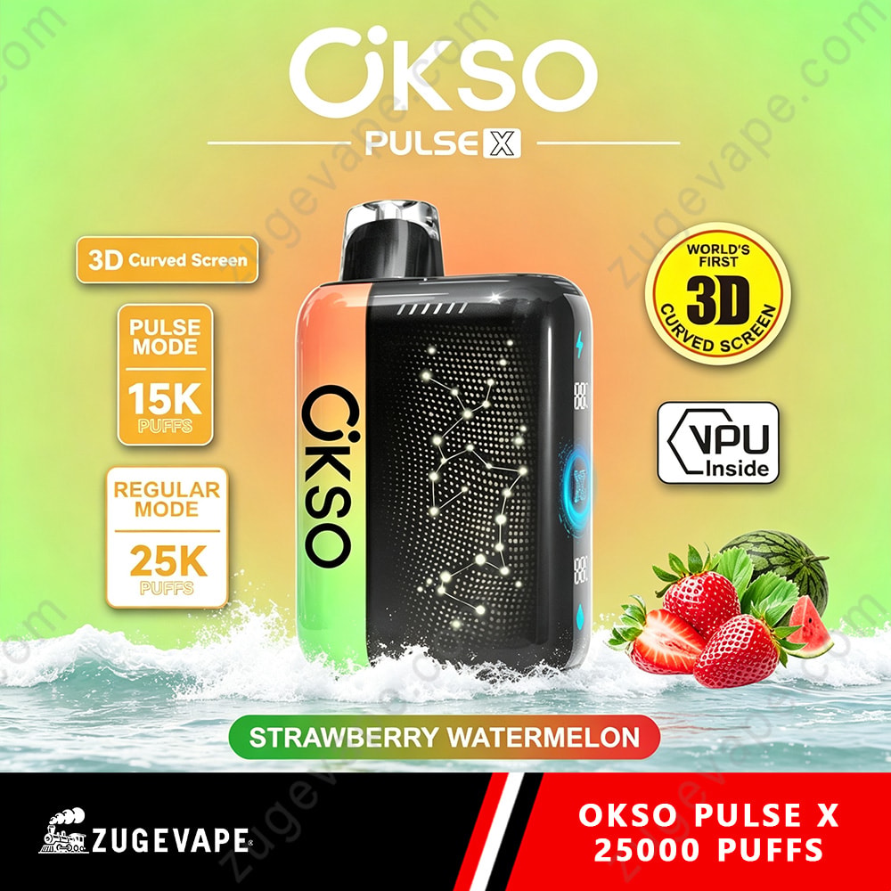 Okso Pulse X 25000 Puffs 3D Curved Screen 25K Vape 7 Okso Pulse X Device With A Gradient Green-Orange Background, A Black Vape Pod Unit, Strawberry And Watermelon Fruits, And Labels Highlighting 3D Curved Screen, Pulse Mode, Regular Mode, And 25K/15K Puffs.