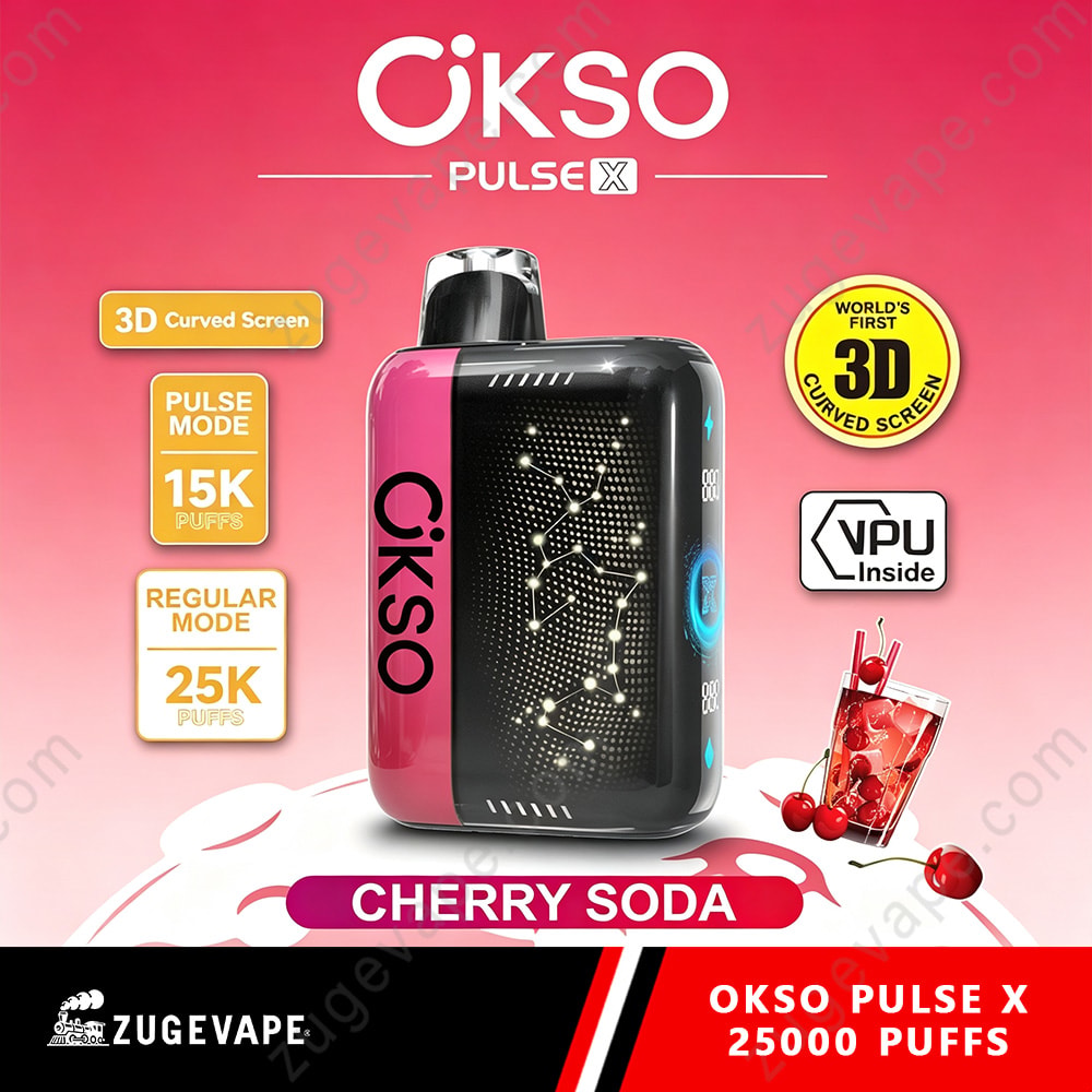 Okso Pulse X 25000 Puffs 3D Curved Screen 25K Vape 6 Cherry Soda Okso Pulse X Vape Device With Pink And Black Bottle, Glowing Led Screen Display, Cherry Imagery, And Branding Text Okso Pulse X 25000 Puffs.