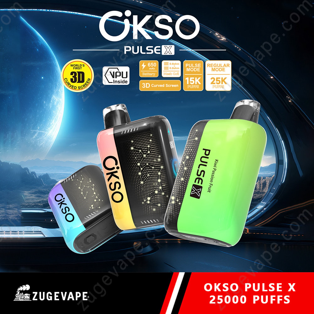 Okso Pulse X 25000 Puffs 3D Curved Screen 25K Vape 1 Okso Pulse X Pod Devices In Pastel Blue, Pink, Black With Dotted Pattern, And Bright Green, Set Against A Futuristic Blue Space-Themed Background With Logos And “Okso Pulse X” Text.