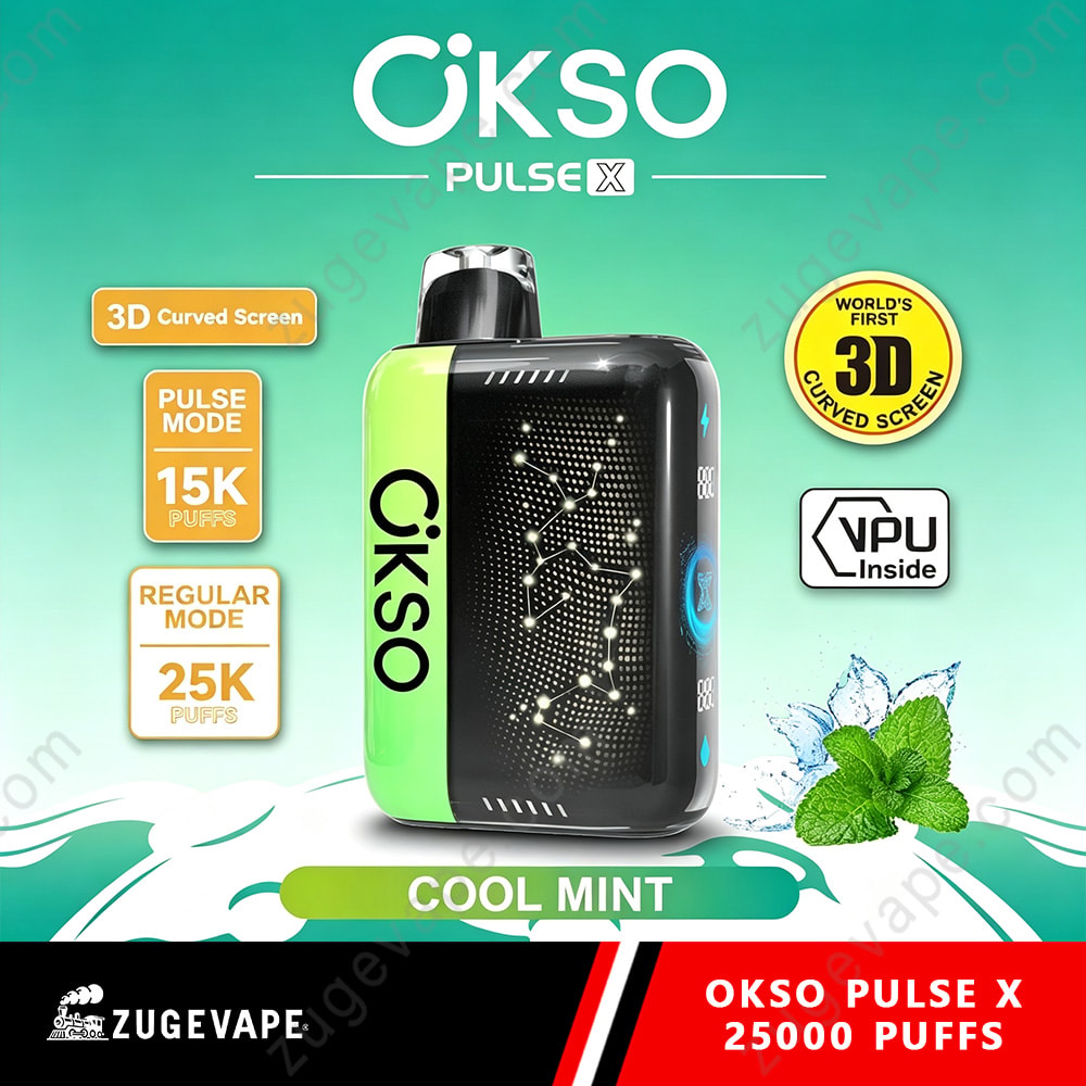 Okso Pulse X 25000 Puffs 3D Curved Screen 25K Vape 5 Okso Pulse X Vape Device Displayed With Green/Black Design, Mint Flavor, Surrounded By Feature Icons And Mint Leaves.