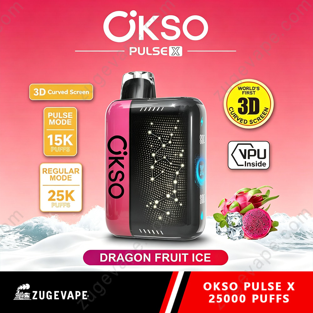 Okso Pulse X 25000 Puffs 3D Curved Screen 25K Vape 4 Dragon Fruit Ice Okso Pulse X Vape Device With Pink And Black Design, Textured Front Panel, Icon Text, And Dragon Fruit Imagery In The Background.