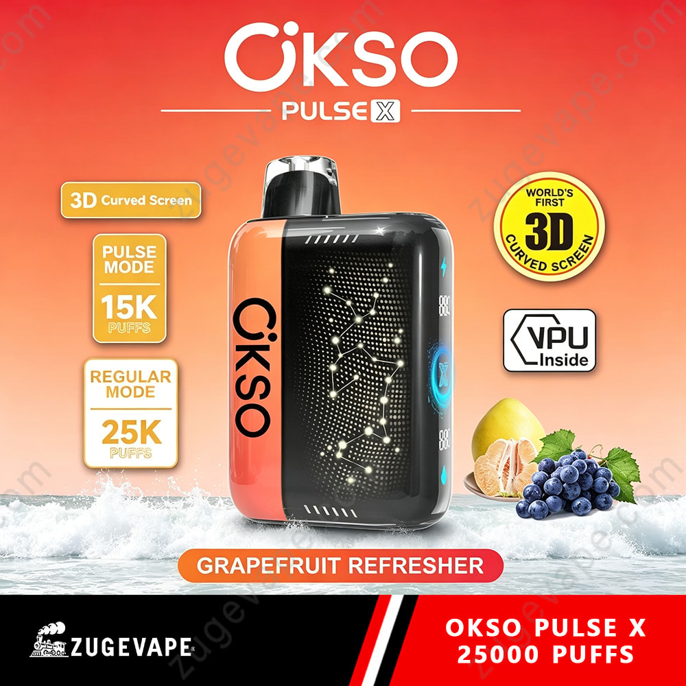 Okso Pulse X 25000 Puffs 3D Curved Screen 25K Vape 3 Okso Pulse X Device With Orange And Black Gradient, Grapefruit Flavor, Labeled 3D Curved Screen And 25K/15K Puff Modes, Displayed On Ocean Backdrop With Grapes And Lemon.