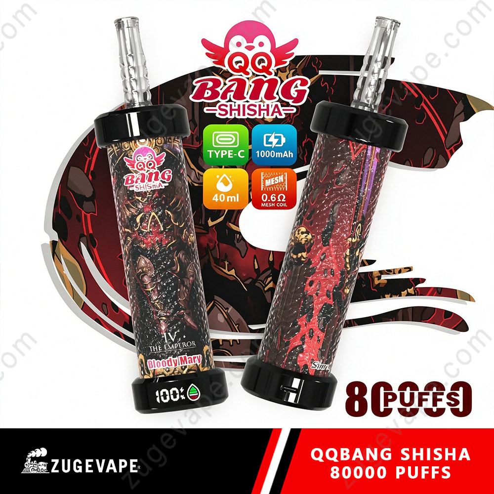 Qq Bang Shisha 80000 Puffs Smart Lcd Screen Hookah 80K Vape 10 Two Glass Shisha Bottle-Shaped Vape Devices With Colorful Patterned Sleeves, Black Caps, And A Graphic Background Featuring Qq Bang Shisha Branding, Text Highlights, And “80,0000 Puffs” Styling.