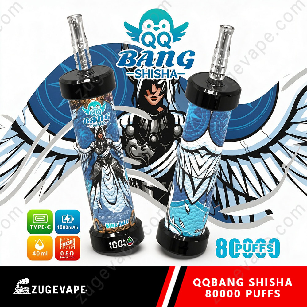 Qq Bang Shisha 80000 Puffs Smart Lcd Screen Hookah 80K Vape 7 Two Blue Patterned Shisha Pens Labeled Qq Bang Shisha With Black Mouthpieces, Displayed Against A Graphic Winged Background, 8 Pieces Total And 40 Ml Capacity.