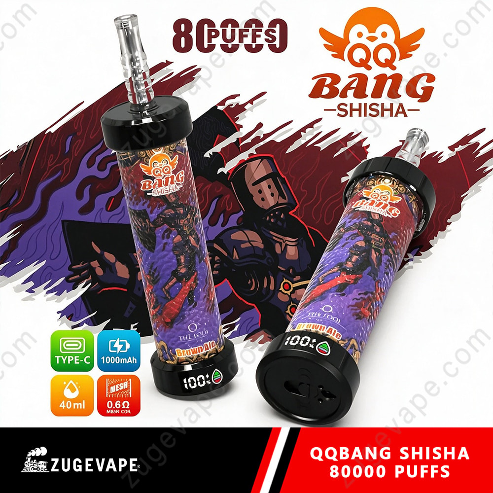 Qq Bang Shisha 80000 Puffs Smart Lcd Screen Hookah 80K Vape 9 Two Purple And Red Qqbang Shisha Devices With Black Bases And Mouthpieces, Placed On A Decorated Background Showcasing “8 Coffs” And Branding.