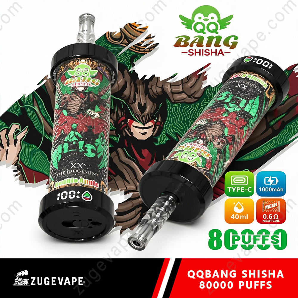 Qq Bang Shisha 80000 Puffs Smart Lcd Screen Hookah 80K Vape 8 Two Black Vape Devices With Colorful Cartoon Labels And Green Red Artwork, Positioned On A Bold Background With Qq Bang Shisha Branding And Text.