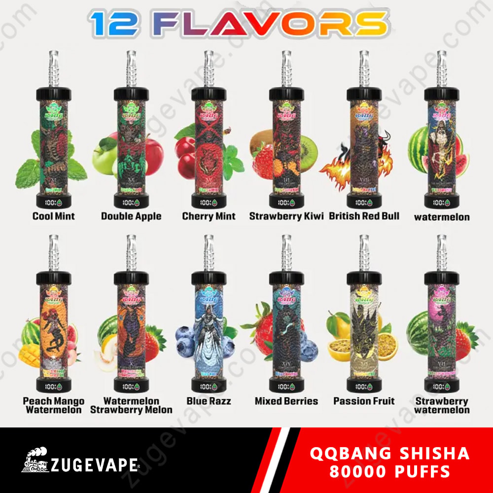 Qq Bang Shisha 80000 Puffs Smart Lcd Screen Hookah 80K Vape 2 Assorted Vape Juice Bottles Featuring 12 Flavors Arranged In Two Rows With Colorful Labels And Fruit Imagery Background.