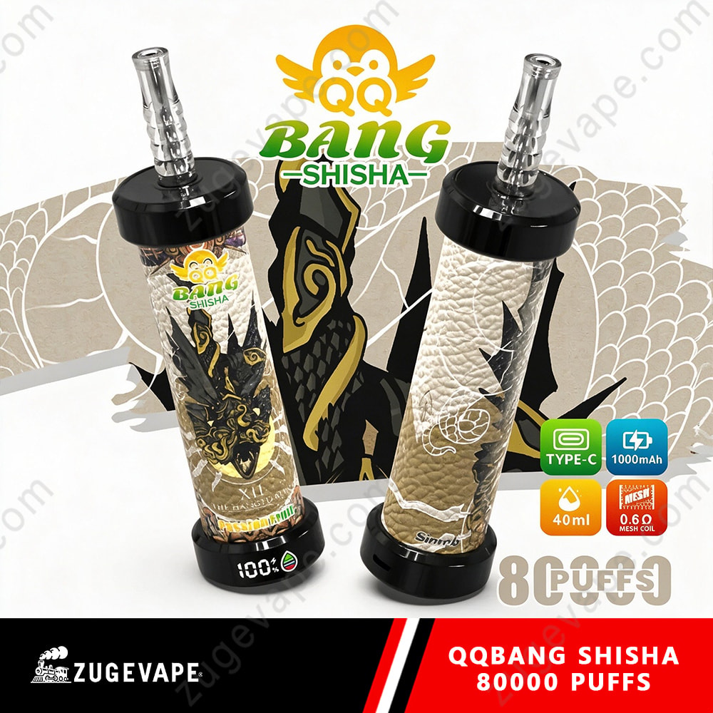 Qq Bang Shisha 80000 Puffs Smart Lcd Screen Hookah 80K Vape 6 Dual-Tone Qqbang Shisha Devices With Ornate Dragons; Black Bases And Mouthpieces, Decorative Beige Patterned Tubes, Shown With Packaging Graphics.