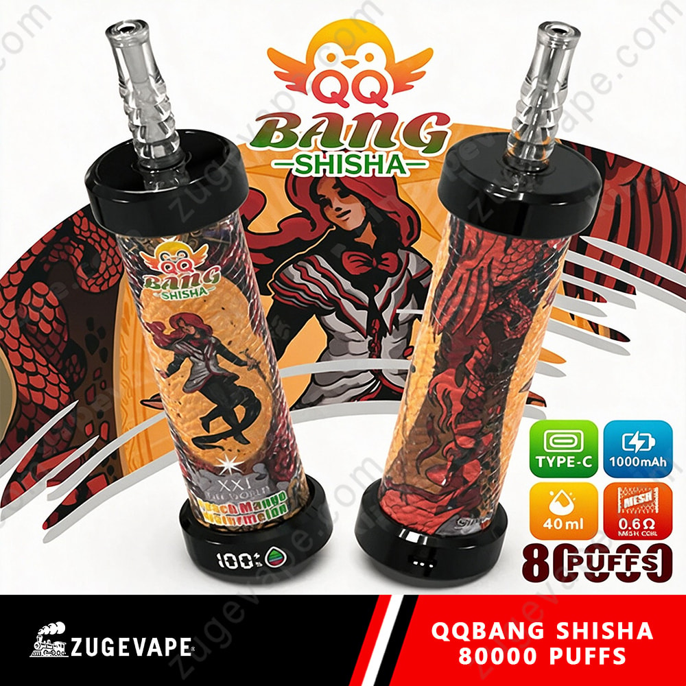 Qq Bang Shisha 80000 Puffs Smart Lcd Screen Hookah 80K Vape 5 Two Black Cylindrical Hookah Devices With Colorful Illustrated Sleeves, Standing On A Printed Display For Qq Bang Shisha, With Branding And Various Icons Indicating Capacity And Power.