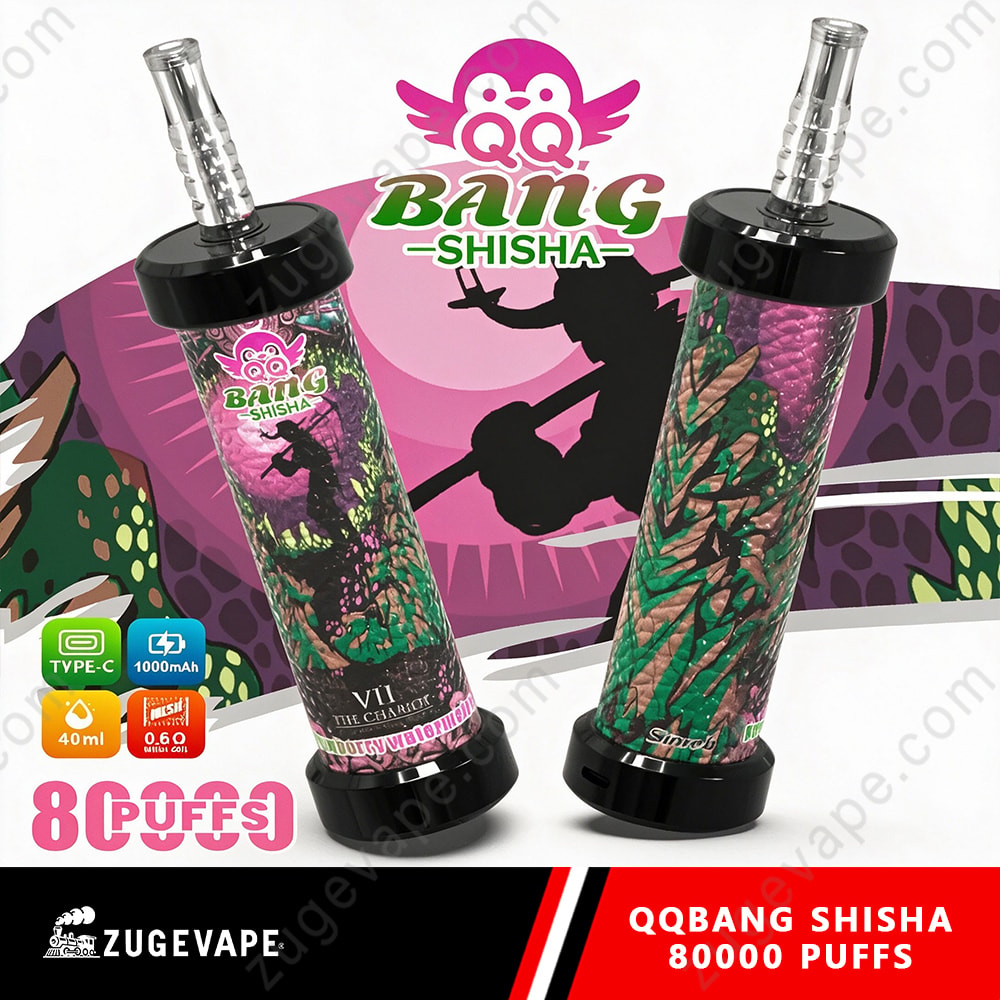 Qq Bang Shisha 80000 Puffs Smart Lcd Screen Hookah 80K Vape 4 Two Colorful Bang Shisha Vape Devices With Green/Purple Camouflage Patterns, Black Caps, And Clear Mouthpieces, Set Against A Graphic Backdrop.