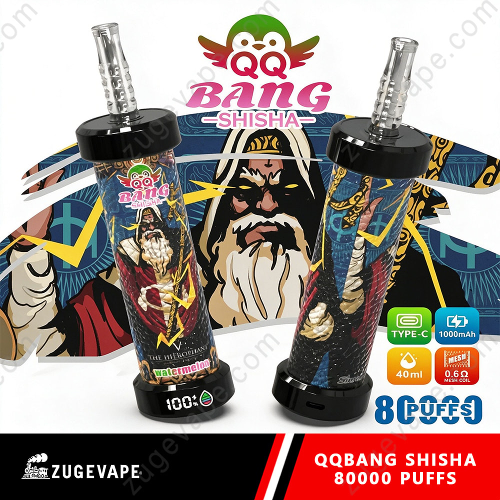 Qq Bang Shisha 80000 Puffs Smart Lcd Screen Hookah 80K Vape 3 Bang Shisha Qq Bang With Colorful Graphic Tubes And Fans, Featuring Cartoon Characters And 80,000 Puffs Branding.