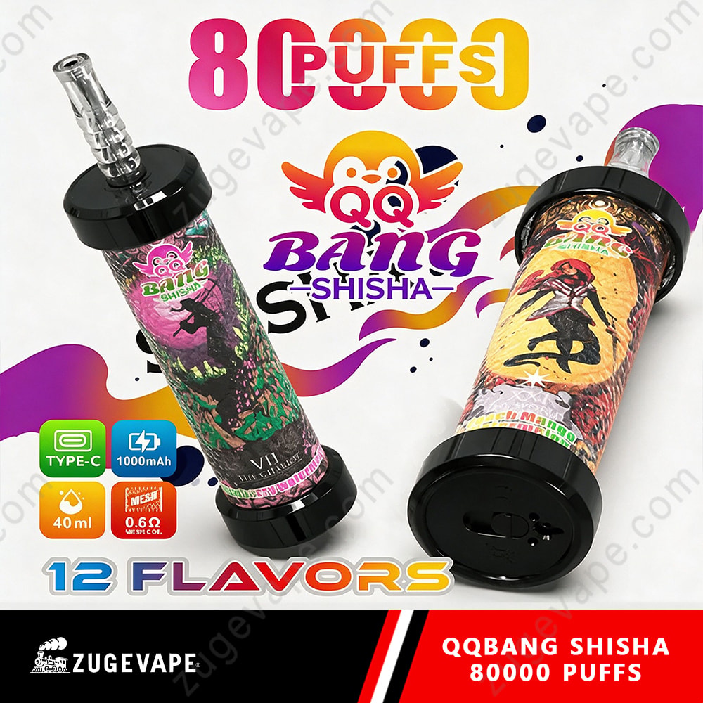 Qq Bang Shisha 80000 Puffs Smart Lcd Screen Hookah 80K Vape 1 Two Colorful Qq Bang Shisha Vape Bottles With Vibrant Label Art, Shown Against A Bright Graphic Background Advertising 12 Flavors And 80000 Puffs.