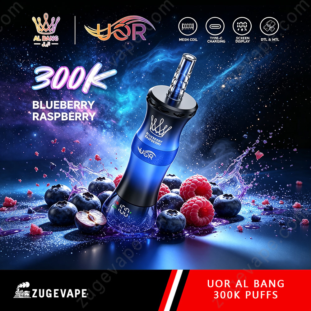 Uor Al Bang 300K Puffs Dual Mode (Mtl &Amp; Dtl) Lcd Screen Disposable Vape 12 A Blue And Black Vape Device Standing Upright On A Dark Starry Background With Blueberries And Raspberries Around It, Promotional Text Reading “300K” And “Blueberry Raspberry” And Brand Logos Along The Top And Bottom.