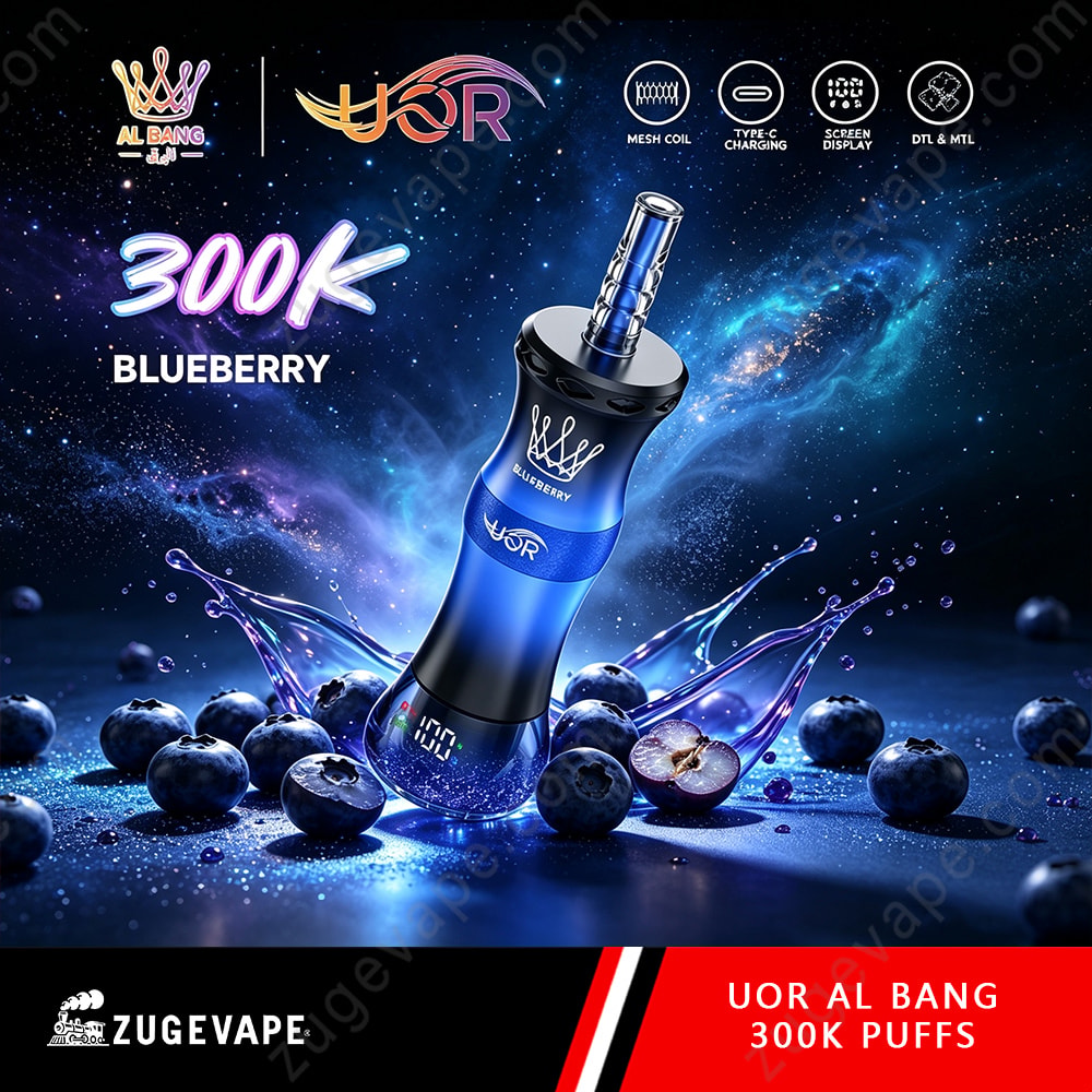 Uor Al Bang 300K Puffs Dual Mode (Mtl &Amp; Dtl) Lcd Screen Disposable Vape 11 Blue And Black Vape Device With &Quot;Uor&Quot; Branding, Surrounded By Splash With Blueberries; Text Reads &Quot;300K Blueberry&Quot; And Logos At Top, Bottom Bar With &Quot;Zugevape&Quot; And &Quot;Uor Al Bang 300K Puffs.&Quot;