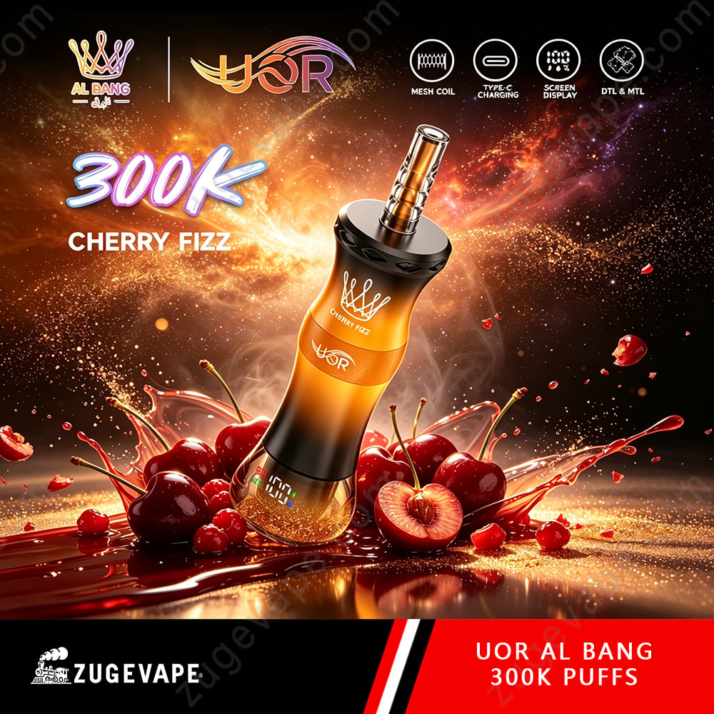 Uor Al Bang 300K Puffs Dual Mode (Mtl &Amp; Dtl) Lcd Screen Disposable Vape 10 A Glowing Vape Device With Orange And Black Design Labeled Uor, Surrounded By Splashing Cherries And Berries Against A Fiery, Dynamic Background; Text Reads 300K And Cherry Fizz.
