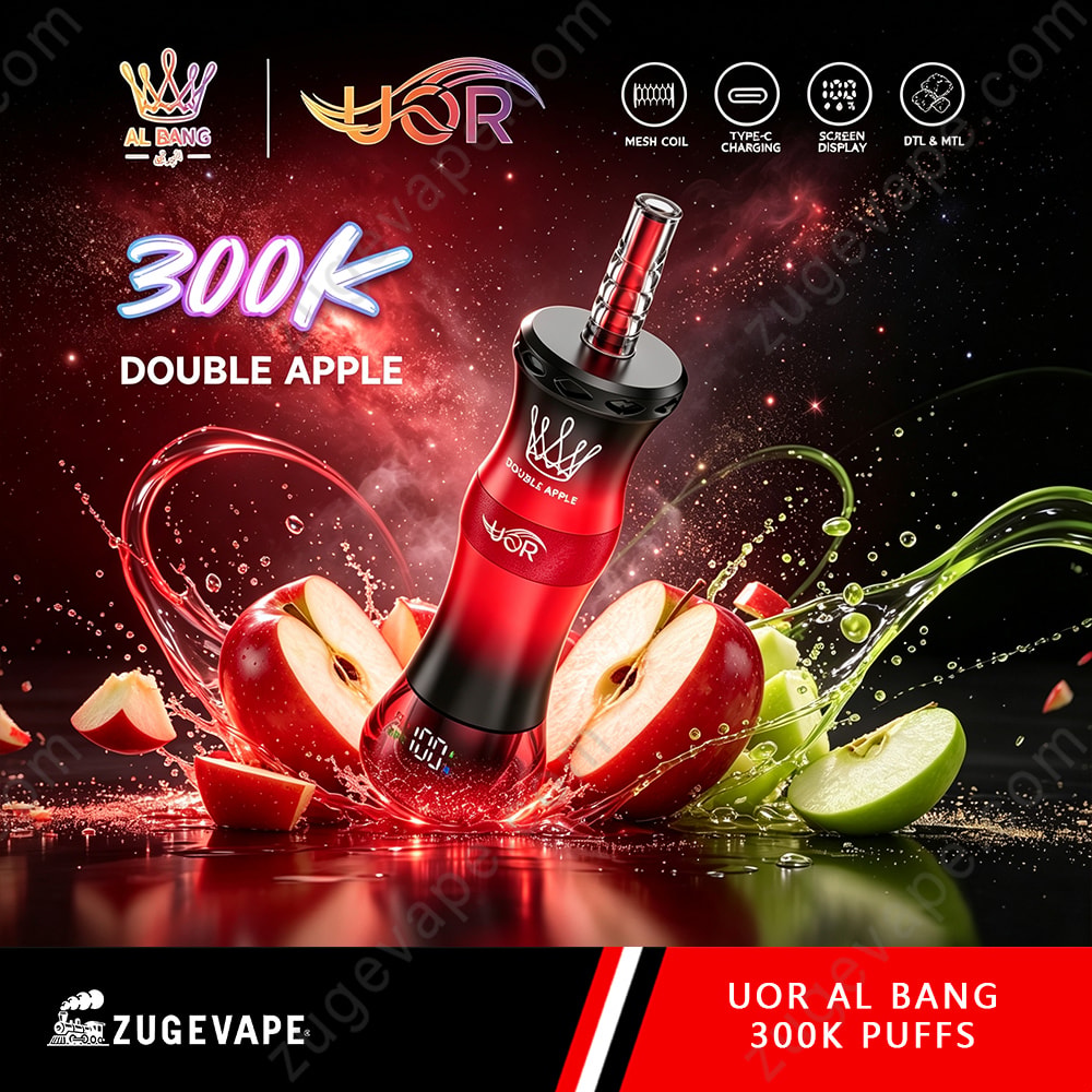 Uor Al Bang 300K Puffs Dual Mode (Mtl &Amp; Dtl) Lcd Screen Disposable Vape 9 Red And Black Vape Device Centered Against A Dynamic Splash Of Red Apple And Green Lime, With &Quot;300K&Quot; Text And Logos At The Top And &Quot;Uor Al Bang 300K Puffs&Quot; At Bottom.