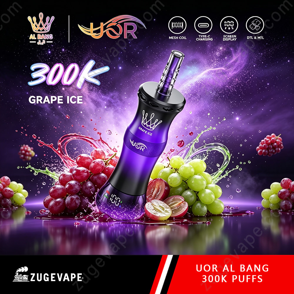 Uor Al Bang 300K Puffs Dual Mode (Mtl &Amp; Dtl) Lcd Screen Disposable Vape 8 Purple And Black Vape Device Center Stage With Grape Clusters And Splashing Juice, Bold &Quot;300K&Quot; Text, And Grape Ice Flavor Branding.