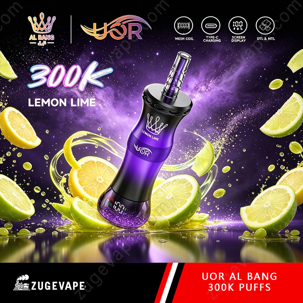 Uor Al Bang 300K Puffs Dual Mode (Mtl &Amp; Dtl) Lcd Screen Disposable Vape 7 A Purple And Black Vape Device With Luminous Glow, Central Lime Lemon Imagery, And Splash Effects Promoting “300K Lemon Lime” Uor Vape With Logos And Burst Background.