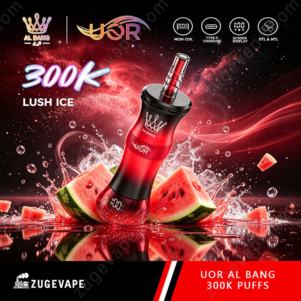 Uor Al Bang 300K Puffs Dual Mode (Mtl &Amp; Dtl) Lcd Screen Disposable Vape 6 A Red And Black Vape Device Tilted On A Splashy Water Surface With Watermelon Slices, Promoting 300K Lush Ice By Uor Al Bang, Against A Dark, Cosmic Background.