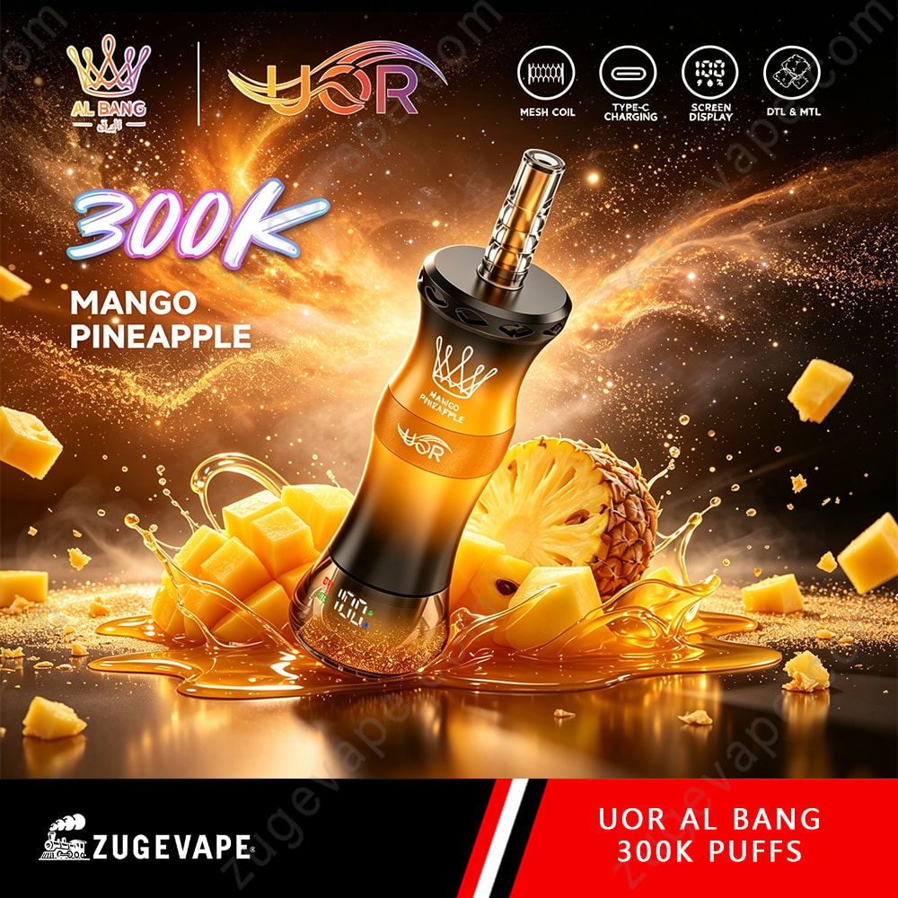 Uor Al Bang 300K Puffs Dual Mode (Mtl &Amp; Dtl) Lcd Screen Disposable Vape 5 Uor Al Bang 300K Puffs Device Angled Center With Mango Pineapple Flavor, Surrounding Pineapple Chunks And Splash Of Golden Liquid; Vibrant Fiery Background With Logos At Top.