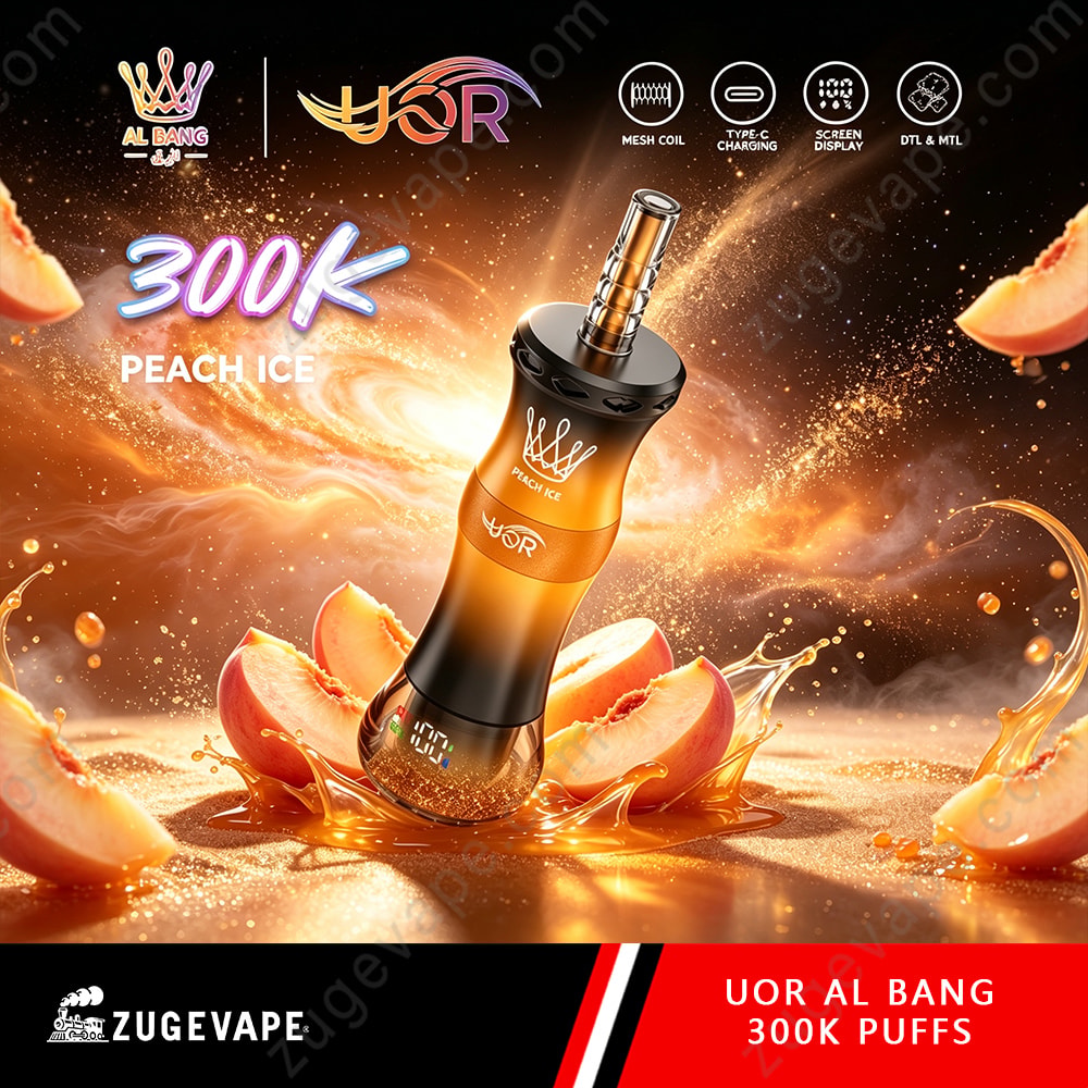 Uor Al Bang 300K Puffs Dual Mode (Mtl &Amp; Dtl) Lcd Screen Disposable Vape 4 Premium Orange And Black Vaping Device Tilted Upright With Peach Slices And Fiery Background, &Quot;300K&Quot; Text, Logos At Top, And Red-Black Bottom Banner.