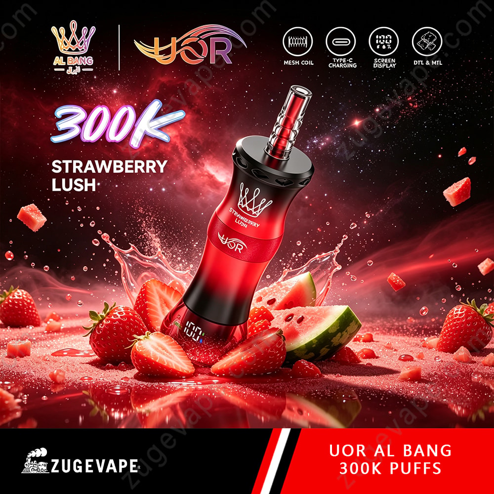 Uor Al Bang 300K Puffs Dual Mode (Mtl &Amp; Dtl) Lcd Screen Disposable Vape 3 Strawberry Lush Vape Device Centered Against A Red Splash Background With Floating Strawberries And Watermelon Pieces, Promotional Text 300K And Logos At Top.