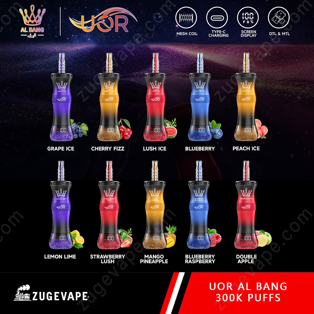 Uor Al Bang 300K Puffs Dual Mode (Mtl &Amp; Dtl) Lcd Screen Disposable Vape 2 Colorful Vape Bottles Arranged In Two Rows Of Flavors (Grape Ice, Cherry Fizz, Lush Ice, Blueberry, Peach Ice, Lemon Lime, Strawberry Lush, Mango Pineapple, Blueberry Raspberry, Double Apple) With Fruit Accents And A Dark Space-Themed Background.