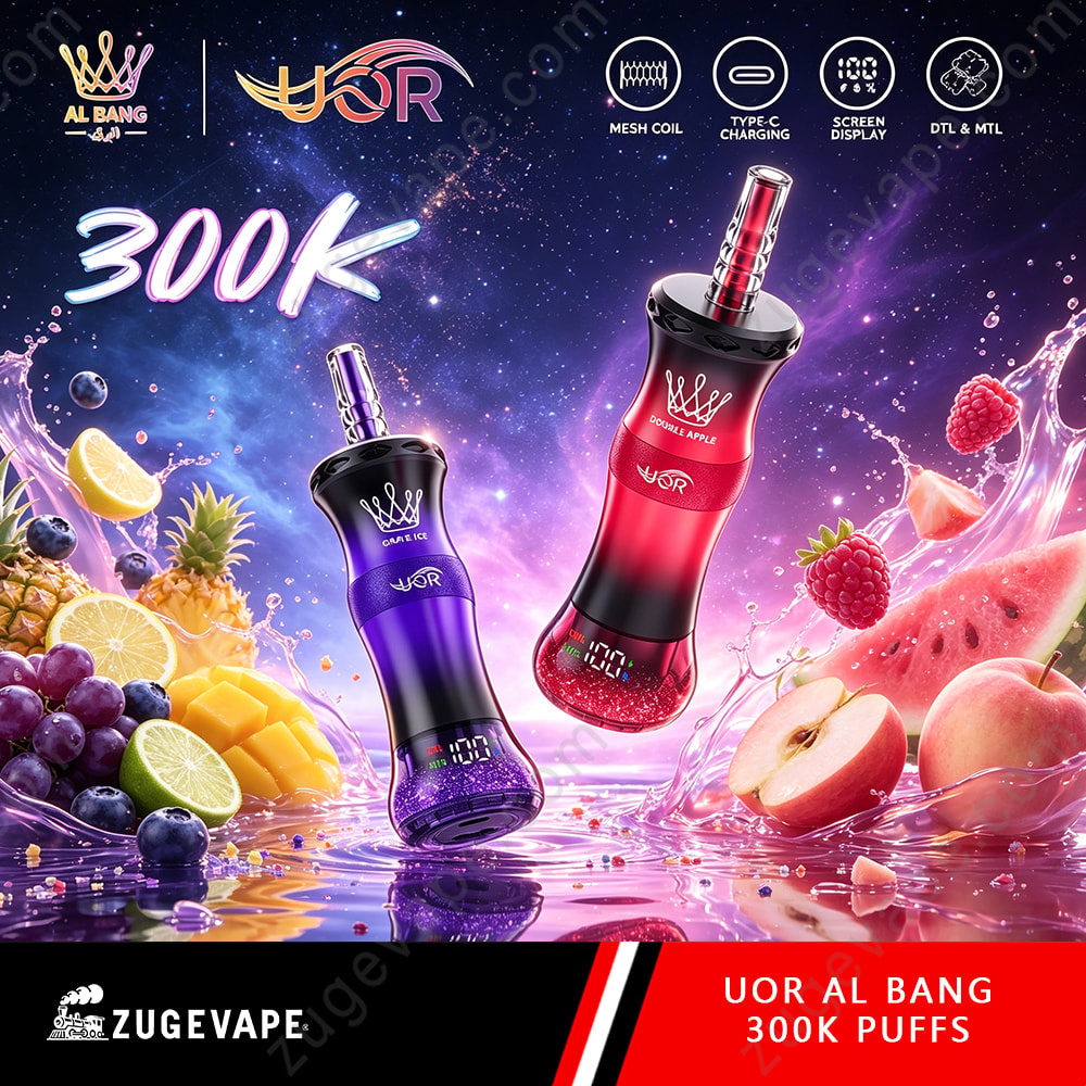 Uor Al Bang 300K Puffs Dual Mode (Mtl &Amp; Dtl) Lcd Screen Disposable Vape 1 Twee kleurrijke vape-flesjes (rood en paars) zweven boven een achtergrond met fruitige spatten, waaronder citrusvruchten, bessen en watermeloen, ter promotie van “300K” en het Uor-merk.