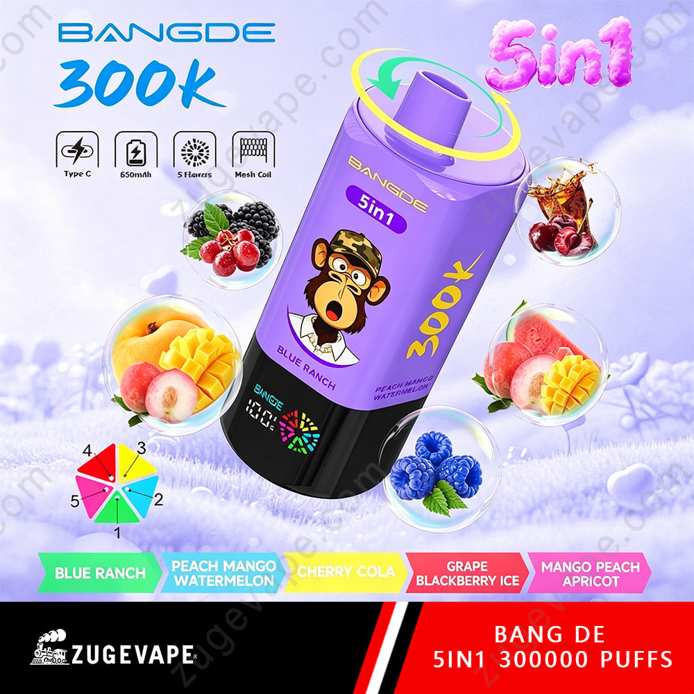 Bang De 300K Puffs – 5 In 1 Flavors Disposable Vape 12 A Purple Bangde 5In1 Vape Bottle Tilted Diagonally With Fruit Images Around And A Purple Background; Text Shows “Bangde 5In1 300K Puffs” And “Blue Ranch” With Flavor Icons At Bottom.