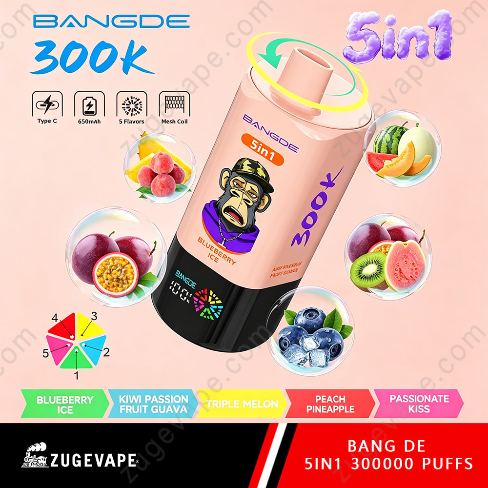 Bang De 300K Puffs – 5 In 1 Flavors Disposable Vape 11 Bright Pink Bottle Labeled Bangde 300K 5In1 With A Cartoon Captain On The Front, Surrounded By Fruit Icons (Blueberry Ice, Kiwifruit, Watermelon, Passion Fruit) And Colorful Flavor Tabs At Bottom.
