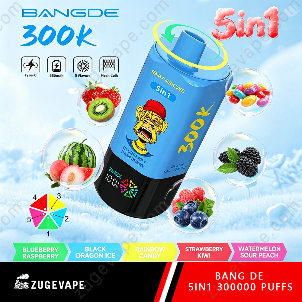 Bang De 300K Puffs – 5 In 1 Flavors Disposable Vape 10 Bangde 5In1 300K Vape With Blue Bottle Tilted, Label Shows Bang De Sîn1, Surrounded By Fruit Icons (Kiwi, Strawberry, Blueberry, Blackberry, Watermelon), Colorful Flavor Labels, Snowy Background.
