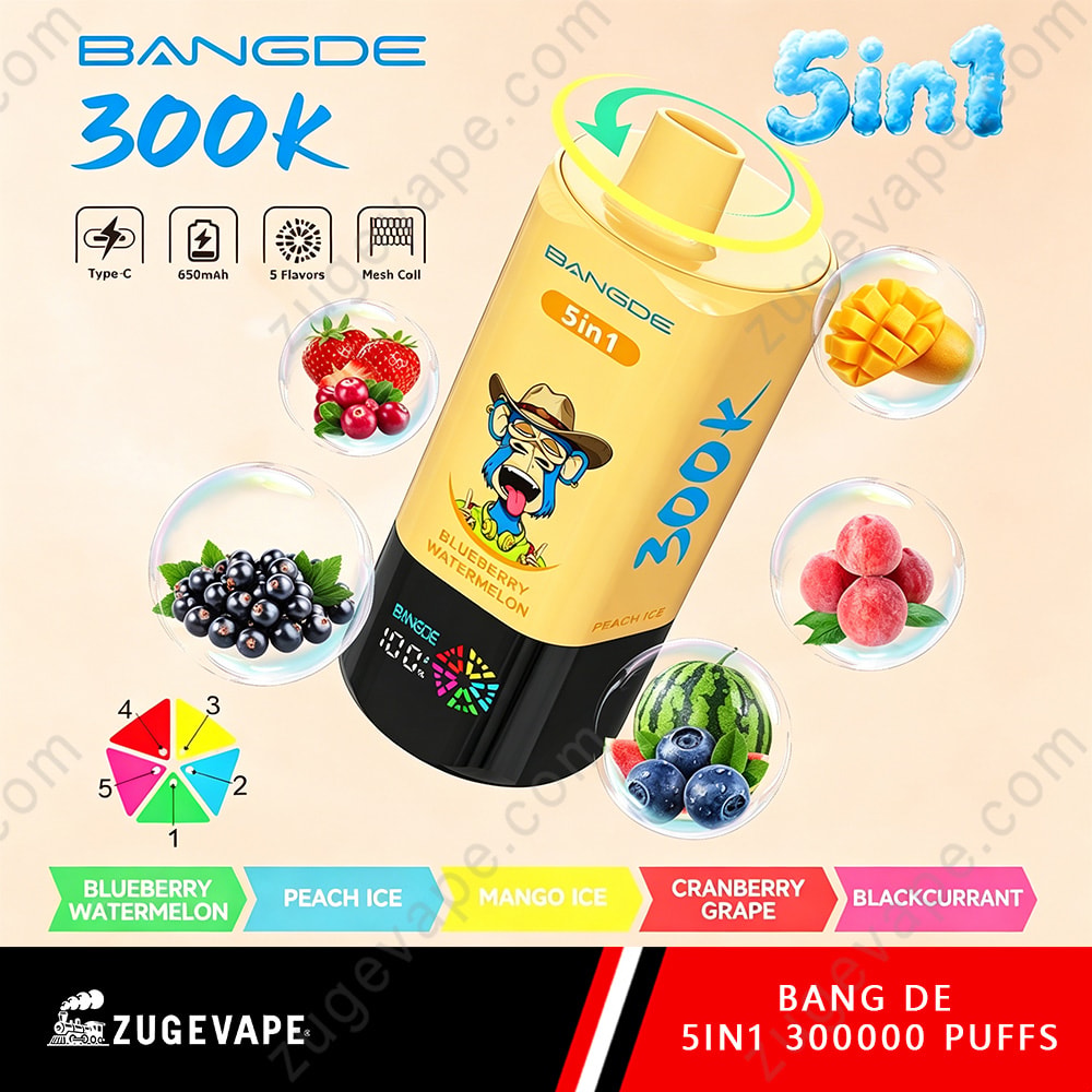 Bang De 300K Puffs – 5 In 1 Flavors Disposable Vape 9 Bangde 300K 5In1 Vape Bottle Tilted, Yellow/Orange Bottle With Blue 300K Text, Flavor Icons Around (Blueberry, Watermelon, Peach Ice, Mango Ice, Cranberry Grape, Blackcurrant), Colorful Flavor Labels At Bottom, Zuevape Logo And Red Banner.