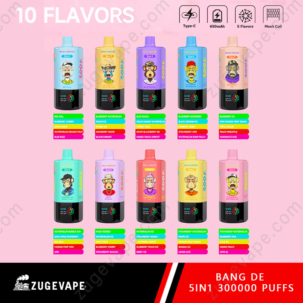 Bang De 300K Puffs – 5 In 1 Flavors Disposable Vape 2 Assorted 10 Flavors Of Vape Bottles With Colorful Labels Arranged In Two Rows On A Pink Background, Each Bottle Paired With Color-Coded Flavor Tags.