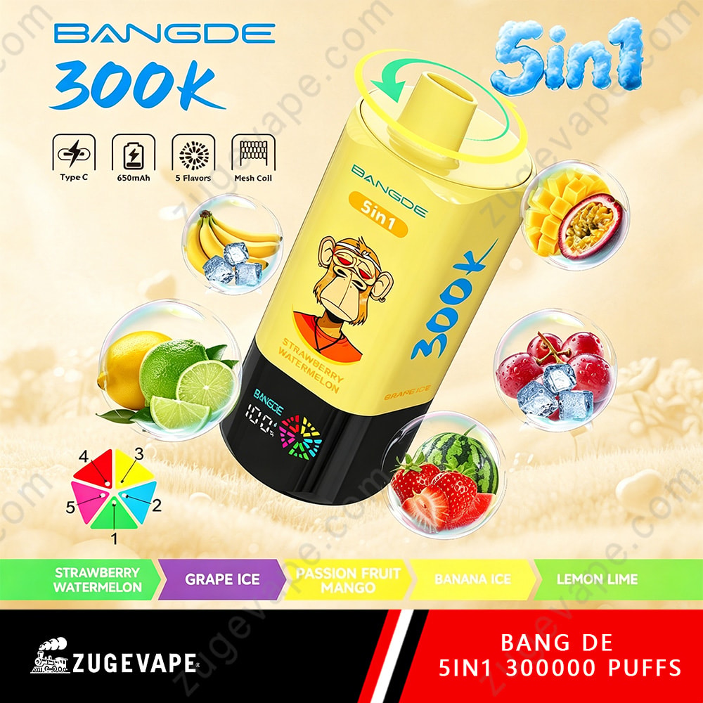 Bang De 300K Puffs – 5 In 1 Flavors Disposable Vape 8 A Bright Yellow Bangde 300K Vape Bottle Labeled “Sinq” Tilted In A Sunny Field, Surrounded By Colorful Fruit Icons (Strawberry, Watermelon, Grape Ice, Mango, Banana Ice, Lemon Lime) And Flavor Swatches With A Rainbow Wheel.