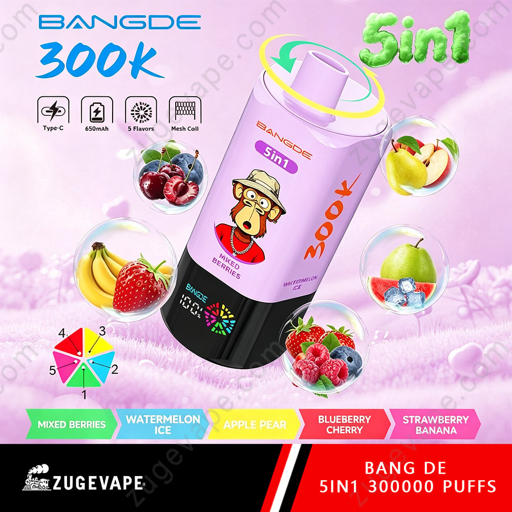 Bang De 300K Puffs – 5 In 1 Flavors Disposable Vape 7 A Purple Bottle Labeled 5In1 Bang De Sinq With A Cartoon Monkey, Set Against A Pink Floral Background, Surrounded By Floating Fruit Icons.