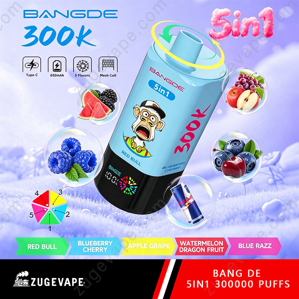 Bang De 300K Puffs – 5 In 1 Flavors Disposable Vape 6 Bottle Of Bangde 5In1 300K Vape Juice With Cartoon Red Bull, Surrounded By Fruit Icons And Colorful Labels; Background Lavender With Floating Droplets.