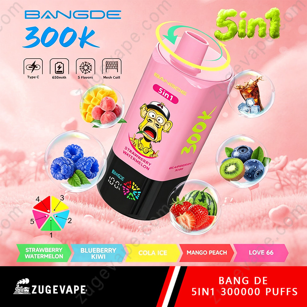 Bang De 300K Puffs – 5 In 1 Flavors Disposable Vape 5 A Pink Bangde 300K Vape Device With A Cartoon Man On The Front, Surrounded By Floating Fruit Images And Flavor Labels, Set Against A Pink Background.