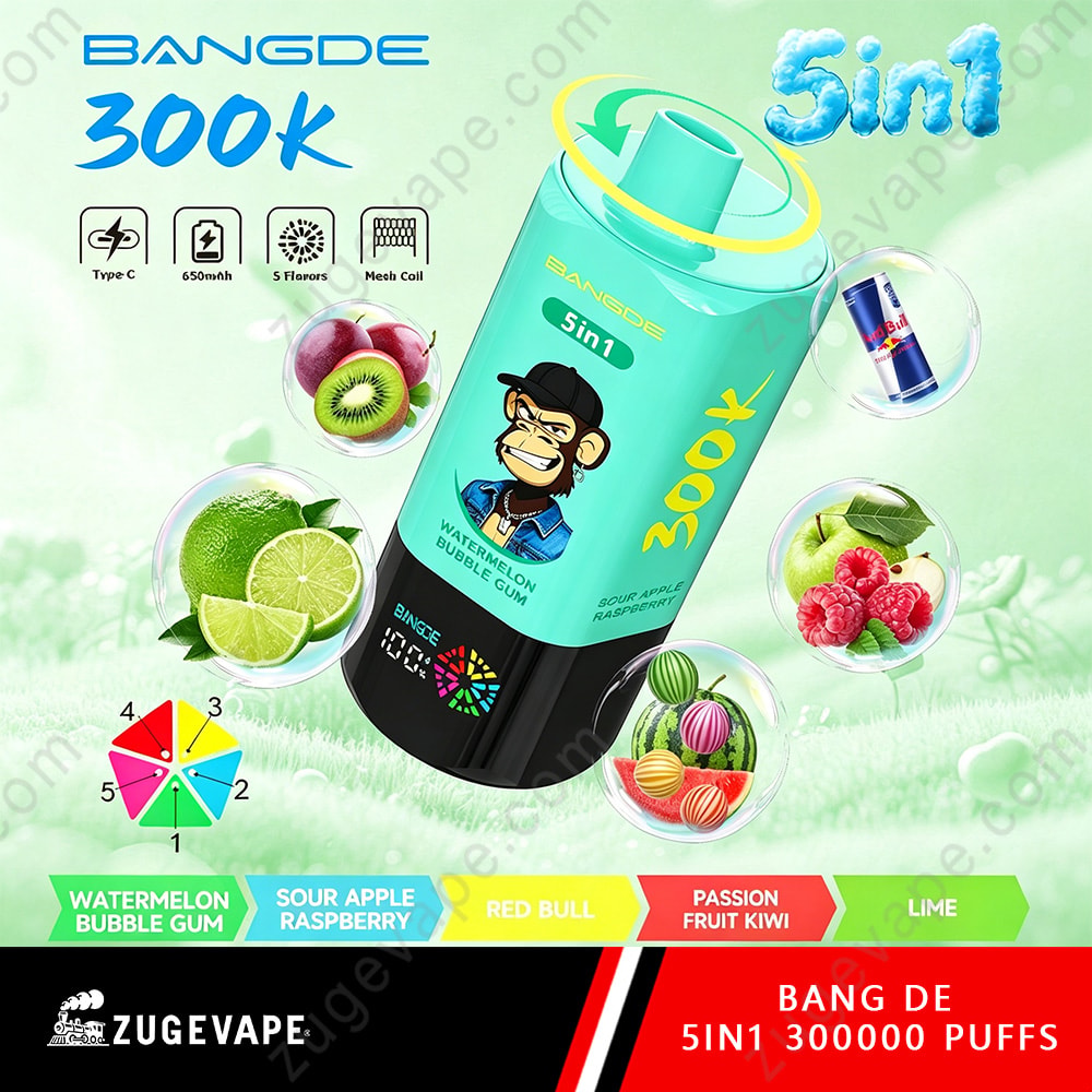 Bang De 300K Puffs – 5 In 1 Flavors Disposable Vape 4 A Turquoise Bangde 300K Vape Bottle Labeled 5In1 With A Cartoon Man, Surrounded By Floating Fruit Icons And A Colorful Flavor Strip At The Bottom.
