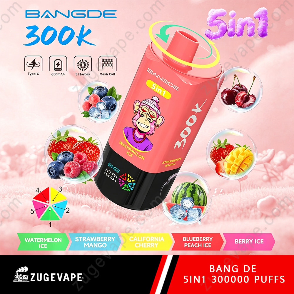 Bang De 300K Puffs – 5 In 1 Flavors Disposable Vape 3 A Pink Bangde 300K Vape Bottle Labeled “5In1” Tilted Diagonally Against A Soft Pink Background With Colorful Fruit Icons (Berries, Mango, Watermelon, Cherries) And A Rainbow Ring Around The Top; Features Color Swatches At Bottom With Flavors Like Watermelon Ice, Strawberry Mango, California Cherry, Blueberry Peach Ice, Berry Ice; Includes Zue Vape Branding And “500000 Puffs” Text.