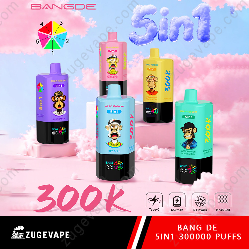 Bang De 300K Puffs – 5 In 1 Flavors Disposable Vape 1 Four Colorful Bang De 5In1 Vape Bottles Arranged On Pink Clouds, With A Rainbow Wheel And “300K” Text, Set Against A Pink-Blue Sky Background.