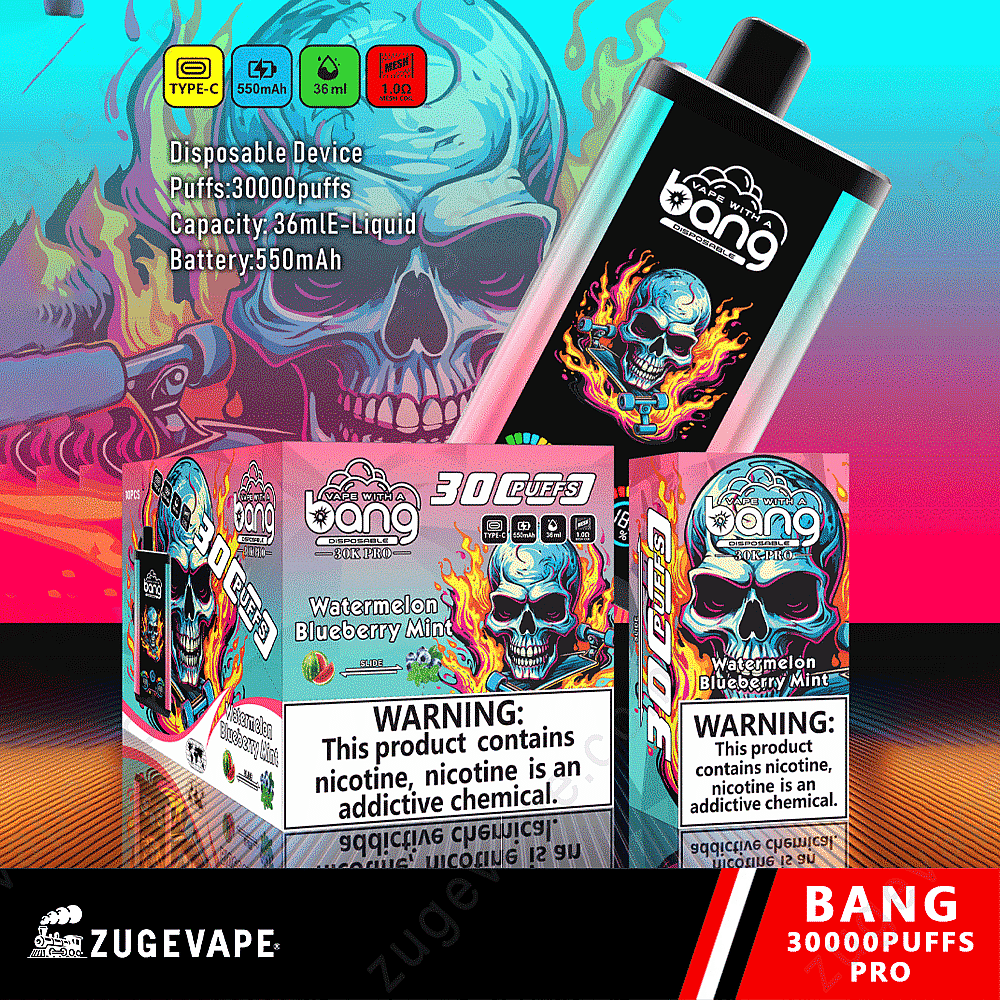 Bang 30000 Pro Disposable Vape Device Met Watermeloen Bosbessen Munt Smaak. Kenmerken: 30000 Puffs, 36Ml E-Liquid, 550Mah Batterij, En Type-C Opladen. De Verpakking Bevat Een Schedelontwerp En Verslavingswaarschuwing.